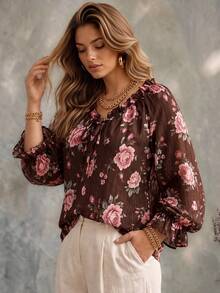 Ceyna Plus Size Textured Floral Rose Pattern V-Neck Long Sleeve Bow Tie Blouse For Women, New Year Valentine's Day - Brown - View 6