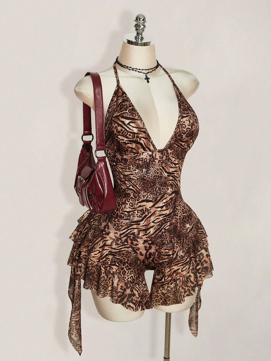 SHEIN ICON Plus Size Women Leopard Print Ruffle Mesh Jumpsuit - Brown - View 1