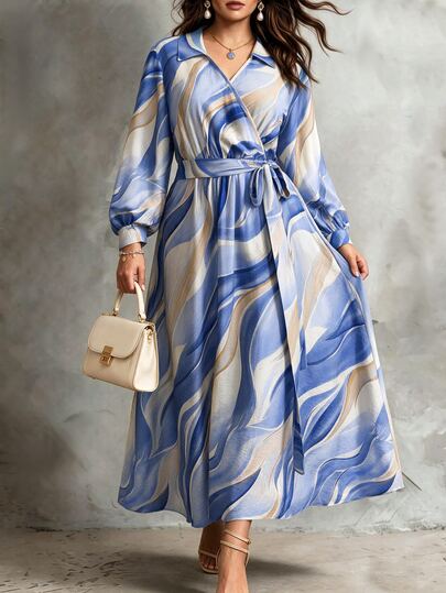 Linhara CURVE Plus Size Halloween Tie-Dye Ink Wash Wrap Dress For Women, Spring/Autumn French Style Lapel V-Neck Lantern Long Sleeve Cinched Waist Tie Front Slit Dress, Vintage Oil Painting Print Lightweight Skin-Friendly Texture, Suitable For Vacation Commute Date Night Dinner, Slimming Flattering Elegant Tea Dress