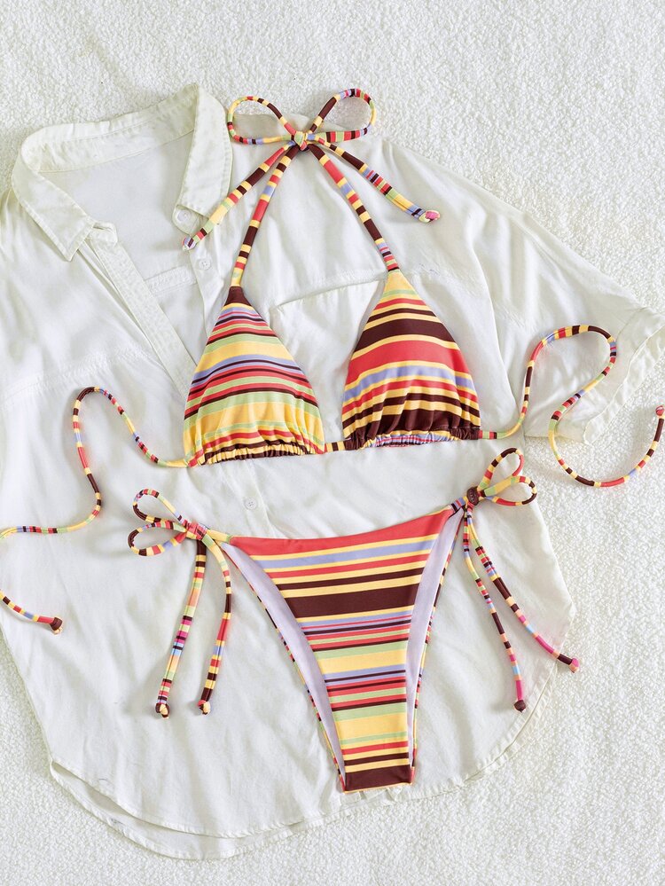 Swim Vcay Spring/Summer Women's 2 Pieces Bikini Swimsuit Set, Sexy Vacation Swimwear, Halter Neck Tie, Colorful Striped Random Cut Pattern, Women's Beachwear Swimsuit Set - Multicolor - View 4