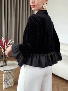 Modelyn Women's Autumn/Winter New Long Sleeve Ruffle Satin Velvet Colorblock Elegant Pearl Small Round Neck Slimming Versatile Plus Size Blouse For Party And Gathering - Black - View 5