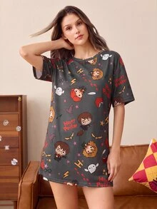 HARRY POTTER X SHEIN Women's Simple Cartoon Print Short Sleeve Nightgown - Dark Grey - View 4