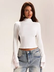 SHEIN BAE Autumn/Winter Solid White Mock Neck Long Sleeve Ribbed Knit Cuff Contrast Lace Women's Top, Practical Base Layer - White - View 5