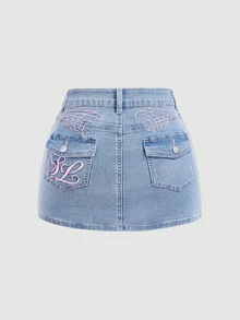 SHEIN MOD 女款休閒日常牛仔迷你裙，附口袋與鈕扣設計 - 藍色 - 查看 2