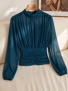 SHEIN Clasi 女款純色立領百褶網紗長袖優雅襯衫 - 水鴨藍 - 查看 5