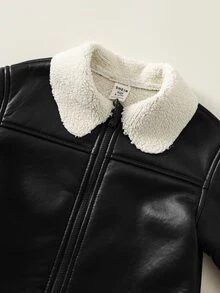 SHEIN 男嬰加厚保暖內裡長袖翻領夾克冬季外套，百搭舒適 - 黑色 - 查看 5