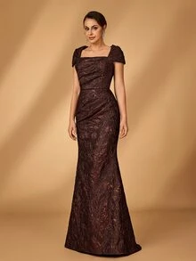 Serin Gaun Pengantin dan Ibu Warna Kopi Elegan Mewah Bahu Terbuka Pas Badan dengan Kelim Mermaid Cocok untuk Semua Acara Formal - Coffee Brown - View 4