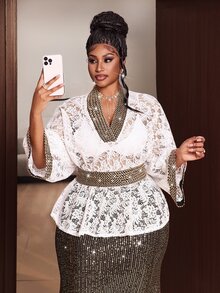 Maweii Contrast Black & Gold Striped V-Neck Cinched Waist Lace Batwing Sleeve Blouse Fall - White - View 1