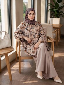 SHEIN Lady CURVE Plus Size Women's Botanical Print Long Sleeve Shirt And Pants Casual 2 Pieces Set - Beige - View 3