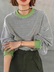 FRIFUL 女款圓領長袖條紋對比飾邊T恤 - 綠色 - 查看 3