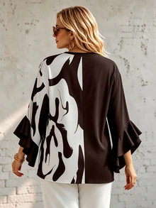 Ceyna Autumn Style Floral & Geometric Print Colorblock Patchwork Black Ruffle Trim 3/4 Sleeve V-Neck Plus Size Blouse - Coffee Brown - View 2