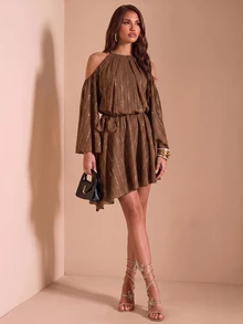 Bluhae Elegant Summer Coffee-Colored Silver Glitter Dress, Halter Neck Cold Shoulder Batwing Sleeve Tie-Up Party Outfit - Coffee - View 3