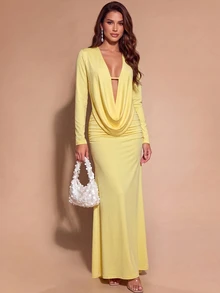 Bluhae New European & American Sexy Draped Neck Draped Top & Bodycon Long Skirt 2 Pieces Set - Light Yellow - View 4