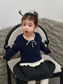 DAZY Infant/Toddler (Girl) Round Neck Contrast Color Bow Long Sleeve Autumn/Winter Sweater - Grey - View 7