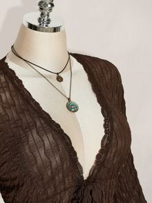 SHEIN ICON Women Plus Size V-Neck Lace Trim Casual Daily Wear Blouse - Brown - View 7
