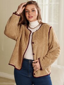 EMERY ROSE Women's Plus Size Colorblock Short Plush Jacket Autumn Clothes For Women Winter Clothes Fall Winter 2026 Color-Blocked Plush Coat - Khaki - View 2