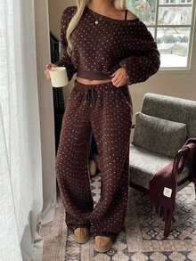 CovetEZ Women Polka Dot Pattern Asymmetric Shoulder Long Sleeve Sweatshirt & Drawstring Waist Pants Two Pieces Set - Brown - View 3