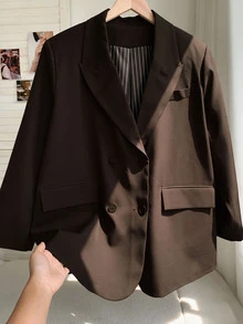 Comfortcana Plus Size Women Solid Color Casual Versatile Commute Travel Blazer Jacket - Chocolate Brown - View 5