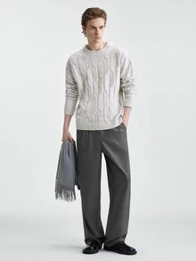 Manfinity CasualKnits 男士圓領懶人長袖套頭毛衣，休閒針織秋冬服飾，秋冬麻灰色寬鬆百搭3D圖案長袖套頭毛衣 - 淺灰色 - 查看 5