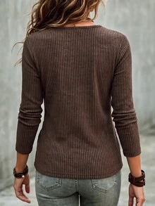 SHEIN Damen Herbst Vintage Kreuz V-Ausschnitt gerippter Strick figurbetonter Langarm Pullover, geeignet für Einkaufen, Lässig, Alltag und Büro - Braun - Übersicht 2