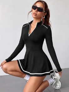 SHEIN HypeZone Women's Zipper Half-Placket Long Sleeve Sports Dress With Shorts - Black - View 5