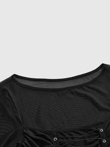 ROMWE Grunge Punk Sexy Hot Girl Mesh Sheer Eyelet Lace-Up Punk Women's Top - Black - View 4
