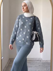 Solavon Women's Letter Print Long Sleeve Top And Pants Casual Daily Knit 2 Pieces Set - Blue - View 6