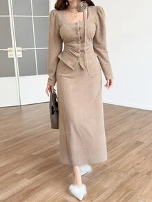 Feyla Women's Solid Color Single-Breasted Long Sleeve Top And Skirt Elegant 2 Pieces Set - Khaki - View 3