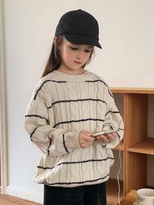 DAZY (Gadis Remaja) Sweater Rajut Kasual Leher Bulat Bergaris Blok Warna Lucu Bergaya Longgar - Aprikot - View 1