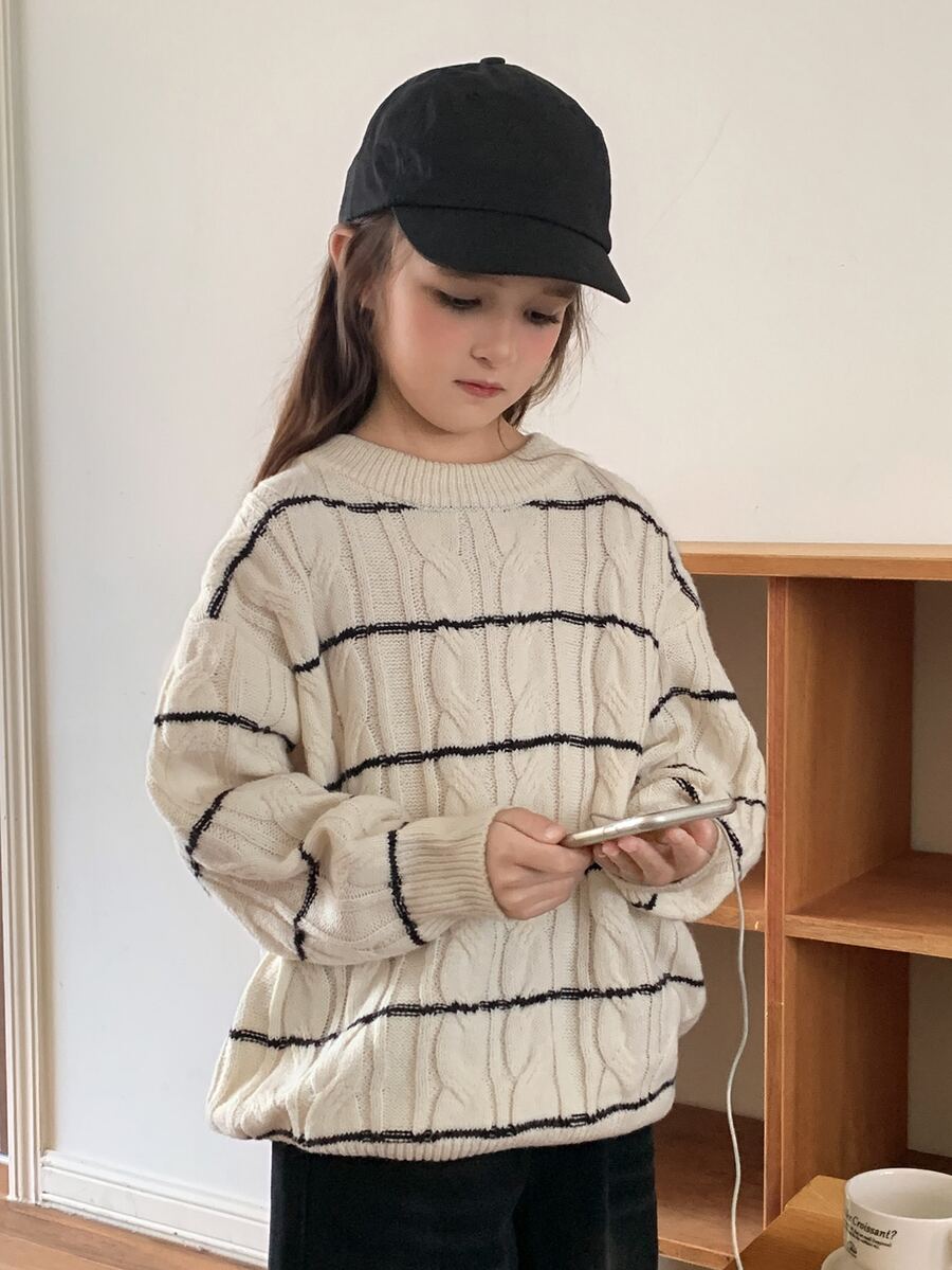 DAZY (Gadis Remaja) Sweater Rajut Kasual Leher Bulat Bergaris Blok Warna Lucu Bergaya Longgar - Aprikot - View 1