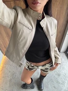 Muchica 女款時尚長袖拉鍊百搭短夾克 秋冬款 - 杏色 - 查看 9