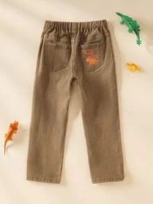 Blippi X SHEIN Young Boy Elastic Waist Drawstring Solid Color Denim Jeans - Apricot - View 3