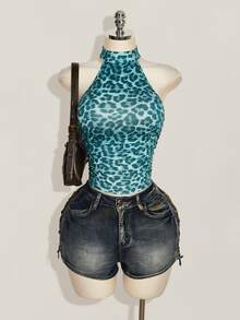 SHEIN ICON Women's Leopard Print Slim Fit Versatile Daily Wear Halter Neck Top - Blue - View 4