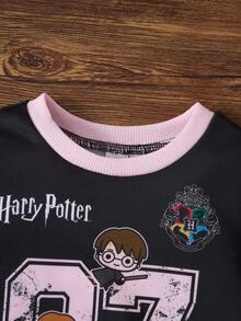 HARRY POTTER X SHEIN Baby Girl Number Print Long Sleeve Sweatshirt And Sweatpants Set - Black - View 3