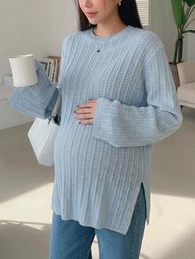 Dazy Maternity Solid Color Loose Textured Ribbed Long Sleeve Casual Daily Vacation Autumn/Winter Knit Sweater Maternity - Blue - View 1