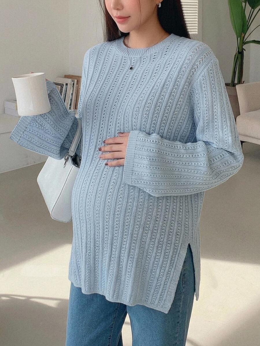 Dazy Maternity 純色寬鬆紋理羅紋長袖休閒日常度假秋冬針織毛衣孕婦款 - 藍色 - 查看 1