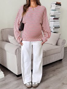 SHEIN 孕婦條紋印花蝙蝠袖T恤 - 紅色 - 查看 5