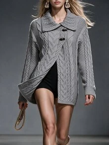 Omancia Elegant Lapel Horn Button Long Sleeve Design Women's Cardigan - Grey - View 3