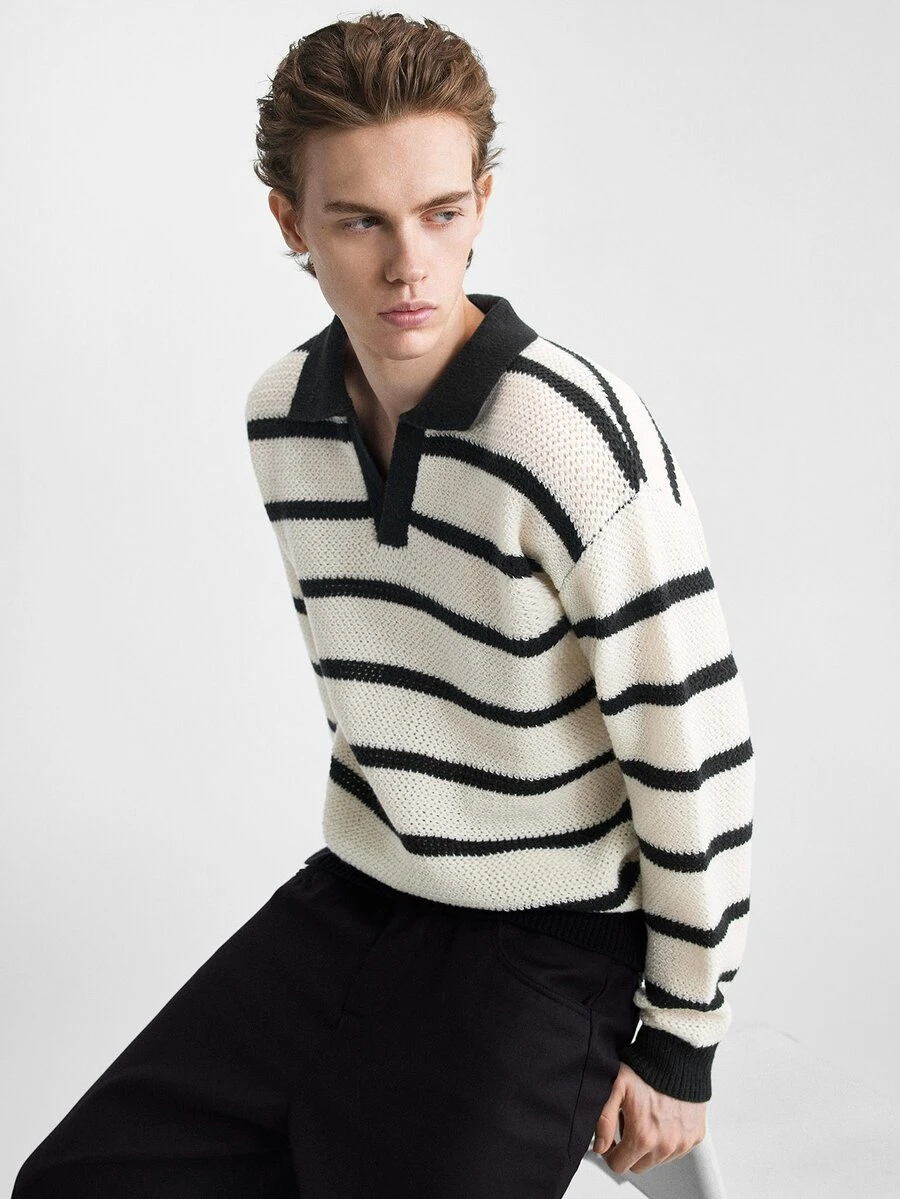 RONVEXI Men's Autumn/Winter Polo Neck Dropped Shoulder Long Sleeve Sweater, Striped Pattern Knitted Pullover, Two-Tone Texture Loose Fit - Multicolor - View 1
