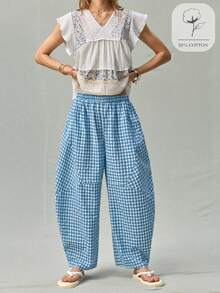 SHEIN PETITE Women's Spring/Autumn 2026 New Bohemian Vintage Blue Plaid Loose Lantern Balloon Pants, Cropped Length, Cotton Blend Textured Bubble Plaid Fabric; Elastic Waist Design Fits Various Body Types, Loose Lantern Silhouette Casual And Relaxed, Rolled Hem Cuffs Add Detail And Layering, Suitable For Daily Wear, Casual Outfits, Lazy Vacation - Blue - View 3