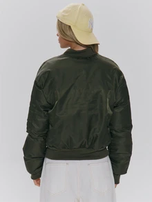 MUSERA Oversized Faux Fur Collar Thick Padded Zip Through Ribbed Waist Bomber Style Jacket Fall Autumn Winter Daily Everyday Outerwear - Army Green - View 4