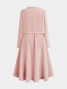 Sweetra Plus Size Women Solid Color Spaghetti Strap Dress And Long Sleeve Cardigan Set - Baby Pink - View 5