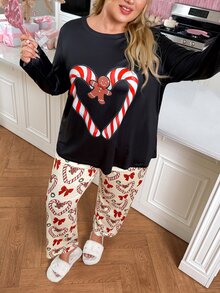 Slumberry CURVE Plus Size Women's Cartoon Print Long Sleeve Top And Pants Casual Daily Home Sleepwear Set - Multicolor - View 4