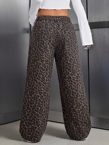 SHEIN Tall CURVE Plus Size Women's Button Leopard Print Casual Daily Wear Denim Jeans - Multicolor - View 2