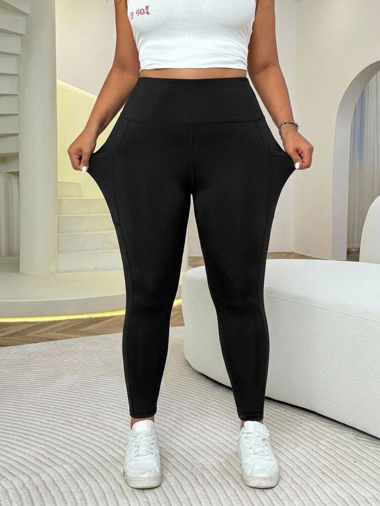 Solflare Casual Minimalist Plus Size Black Leggings With Pockets, Suitable For Autumn/Winter, Sports, Running, Yoga - Black - View 3
