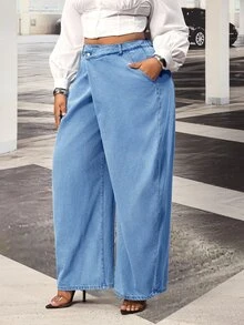 Slaydiva Jeans Plus Pinggang Tinggi Kaki Lebar - Biru - View 5