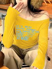 Dazy Plus Letter Print Asymmetric Shoulder Neckline Casual Long Sleeve Brown Spring/Autumn T-Shirt For Girls Graphic Tees - Yellow - View 1