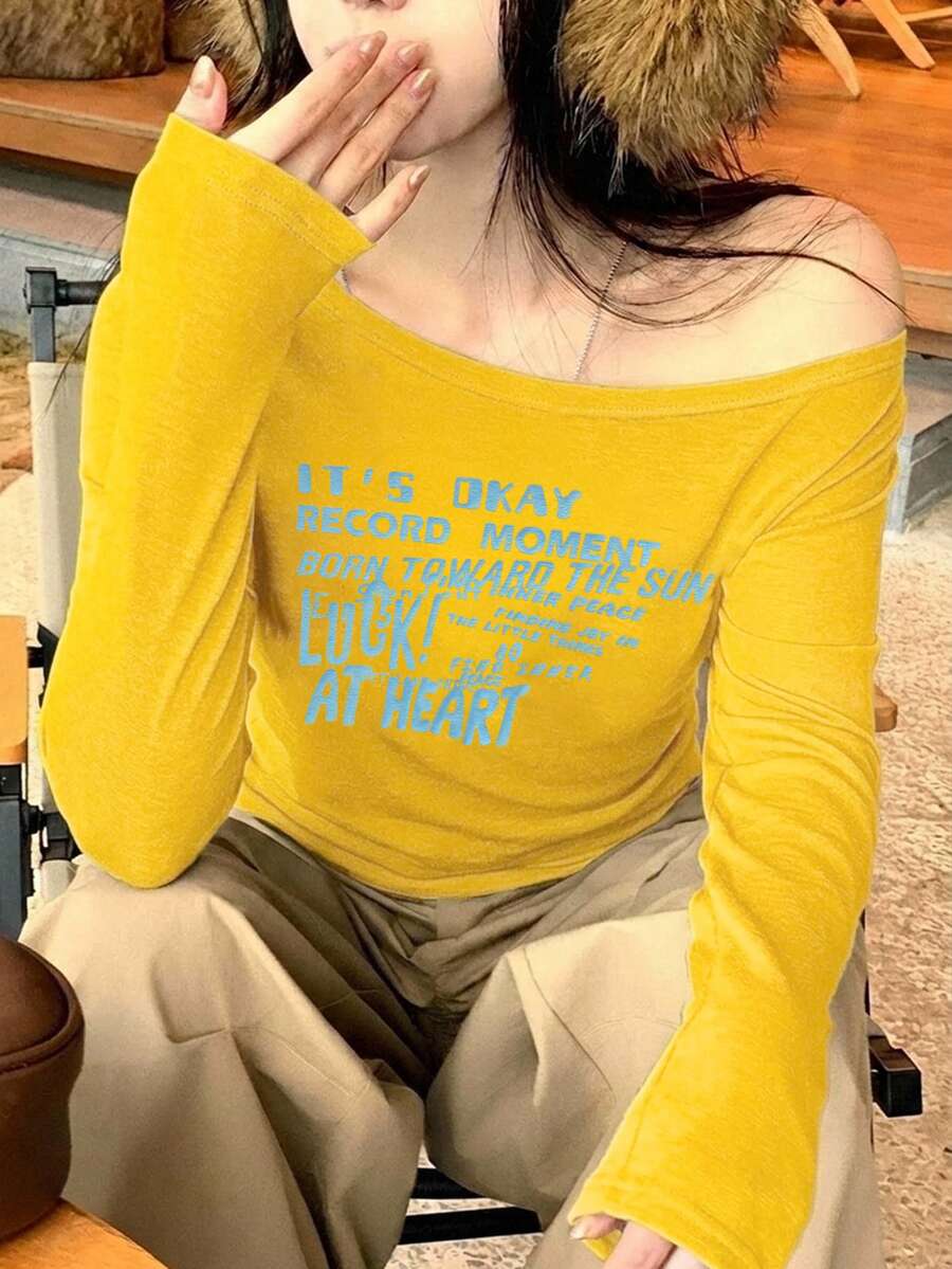Dazy Plus Letter Print Asymmetric Shoulder Neckline Casual Long Sleeve Brown Spring/Autumn T-Shirt For Girls Graphic Tees - Yellow - View 1