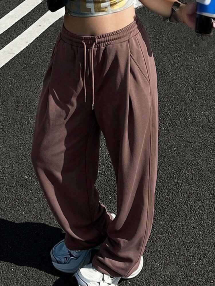 Dazy Plus Sweatshirt Rajut Longgar, Bahan Sweatshirt, Pinggang Elastis, Tali Serut, Celana Panjang, Cocok untuk Semua Musim - Coffee Brown - View 5