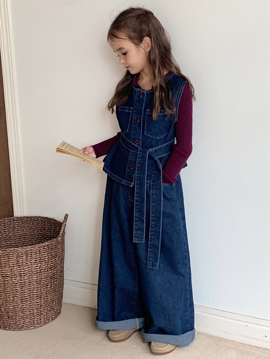 Dazy Kids Tween Girl) Round Neck Casual Denim Shirt Top + Straight Leg Pants Two Pieces Denim Set - Dark Wash - View 1
